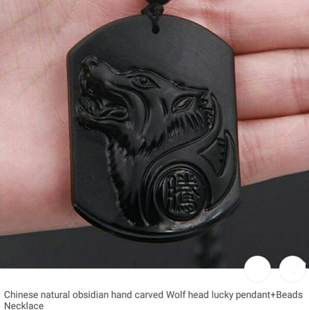 Natural Obsidian wolf pendant and bead necklace